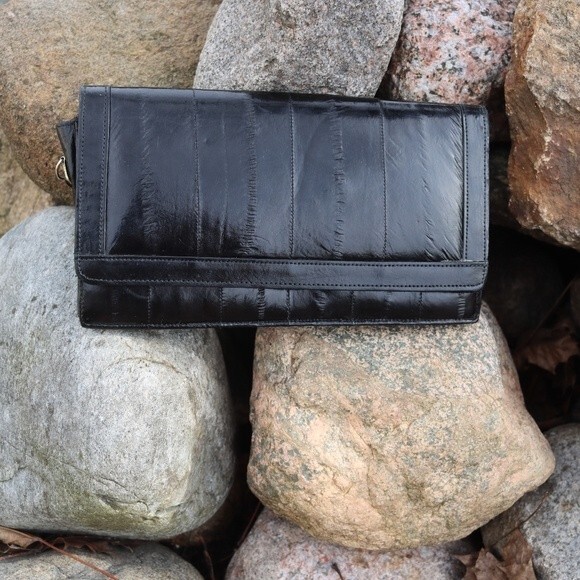 Vintage Eel Skin Black Leather Clutch Purse Handbag Beautiful Retro 1950s Bag - Picture 15 of 16